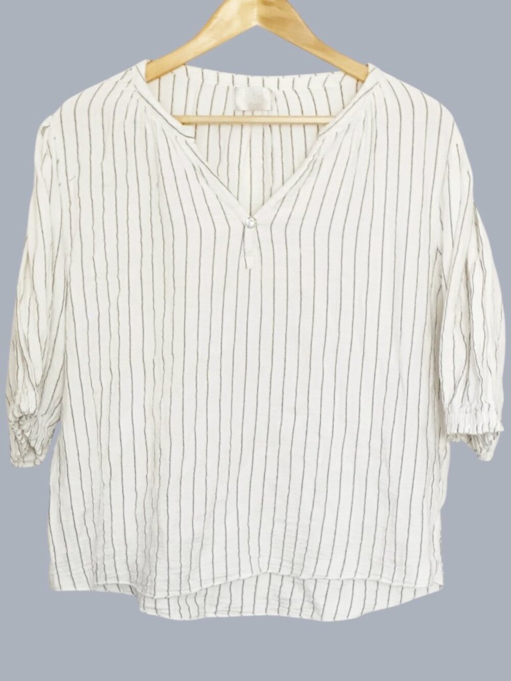 HEROES & DREAMERS Medium Pinstripe Gauze Blouse V-Neck Puff Sleeve Boho Top
